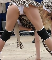 Voyeur upskirt pictures with panty peeking out in public