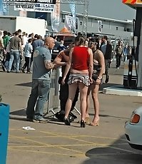 Nylon pantyhose shown off in street upskirt
