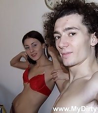 Fascinating teen in red sexy bra is burning to amuse her fella with nice titties, hidden under it.