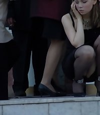 Hot brunette in long dress upskirt pictures