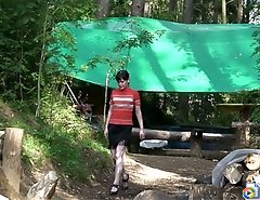 Sweet ravenhead filmed peeing on a hiking trip