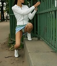 Watch cute chick in jeans skirt with white panties peeping